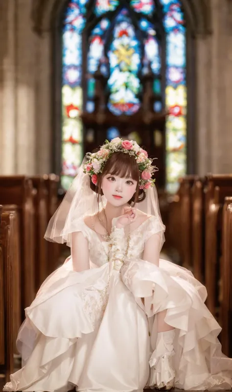 (masterpiece, high quality, highres),detailed face,vintage,(film grain:0.99),(well designed background),1girl,full body,central composition,wear a wedding dress ,happy,tearing up, depth of field,(church),flower, <lora:chineseCosplayerXiaorouseeu_v10:1>
