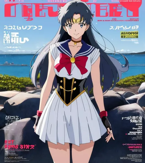 highres, best quality, anime fine details portrait of joyful school girl Sailor Moon, grey color scheme, deep bokeh, close-up, anime masterpiece by Studio Ghibli, 8k, sharp high quality classic anime from 2000 in style of Hayao Miyazaki,
best quality, standing, smile, double_v, 1girl, cover, fingerless_gloves, long_hair, (magazine_cover:1.2), cover text, leather corset, skirt, day, blue sky solo,