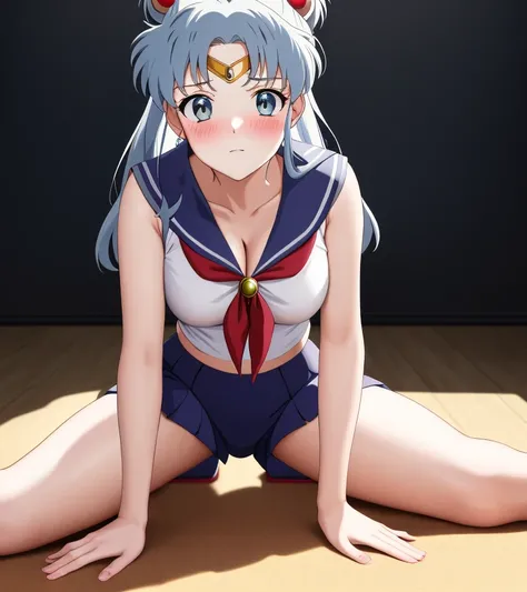 highres, best quality, anime fine details portrait of joyful school girl Sailor Moon, grey color scheme, deep bokeh, close-up, anime masterpiece by Studio Ghibli. 8k, sharp high quality classic anime from 2000 in style of Hayao Miyazaki, (masterwork),1girl, (hotfantasyface:1.0), blush, breasts, cleavage, collarbone, looking_at_viewer, shorts, side_split, solo, split, spread_legs, thighs, yoga, yoga_mat,high detailed, polished, HDR, 8k, eyes contact, contrast, textured skin, flawless face, in a yoga studio, people in background, absurdres,