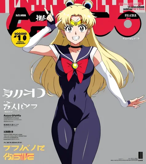 highres, best quality, anime fine details portrait of joyful school girl Sailor Moon, grey color scheme, deep bokeh, close-up, anime masterpiece by Studio Ghibli. 8k, sharp high quality classic anime from 2000 in style of Hayao Miyazaki,
best quality, standing, grin, peace sign, 1girl, cover, fingerless_gloves, long_hair, (magazine_cover:1.2), cover text, tight waisthigh yoga pants, solo,
