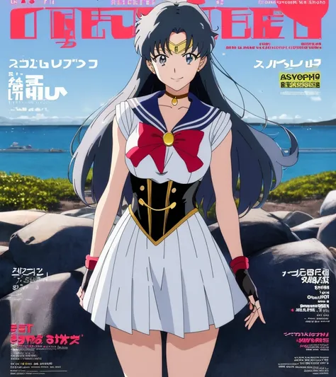 highres, best quality, anime fine details portrait of joyful school girl Sailor Moon, grey color scheme, deep bokeh, close-up, anime masterpiece by Studio Ghibli, 8k, sharp high quality classic anime from 2000 in style of Hayao Miyazaki,
best quality, standing, smile, double_v, 1girl, cover, fingerless_gloves, long_hair, (magazine_cover:1.2), cover text, leather corset, skirt, day, blue sky solo,