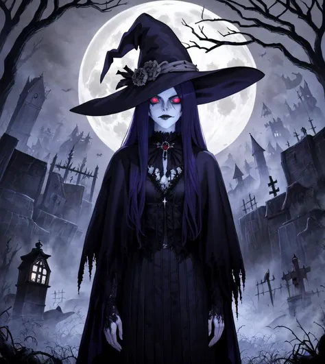 highres, best quality, concept art, official art, portrait, A witch in front of a full moon, Halloween, digital painting, horror, dark, spooky, moody, artstation, pixiv, by Ekaterina Savic and Barret Frymire