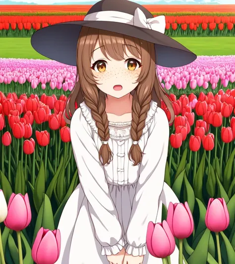 highres, best quality, 1girl, europe, tulips, solo, flower, hat, day, braid, dress, outdoors, field, freckles, brown hair, brown eyes, long hair, long sleeves, open mouth, looking at viewer