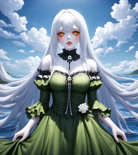 best quality, 1girl, dress, solo, water, outdoors, cloud, breasts, sky, frills, lips, skull, ocean, long hair, green dress, pale skin, looking at viewer, very long hair, bare shoulders, orange eyes, monster girl, detached sleeves, detached collar, frilled dress