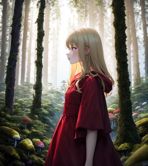 highres, best quality, 1girl, blonde hair, red dress, forest, mist, mushrooms, soft lighting, floral print, portrait, looking to the side, little red little red riding hood, profile