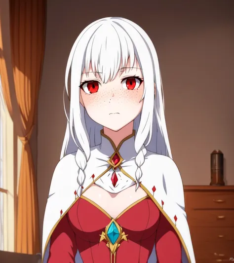 highest quality, 1girl, (bedroom:1.06) (flamboyant:0.92) (mage:1.19) girl with (medium breasts:0.97) (medium:1.07 white hair:1.33) and (red eyes:1.08) wearing (freckles:0.92) (bored expression:1.18) (perfect face:0.98) (perfect fingers:0.99) (Elsa Beskow:0.91) (Margaret Mee:1.33) (Grandiose:1.32)