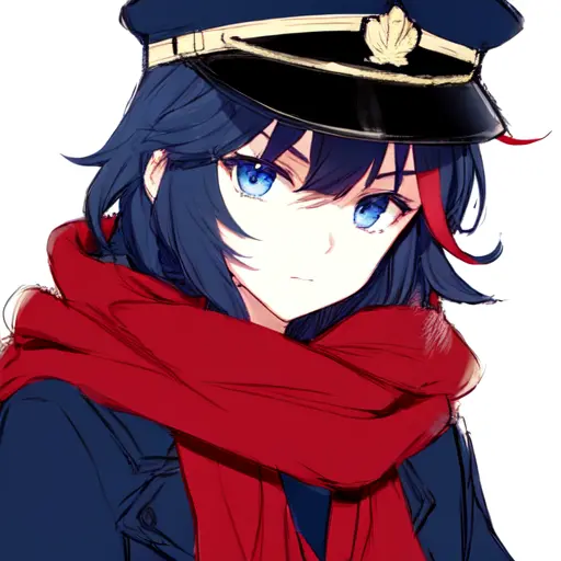 winter forest, Ryuko Matoi, sharp eyebrows, peaked cap, dark purple blue eyes, red woolen scarf, sketch