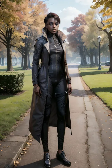 CyberMamanBrigitte, dark skin, make up, short hair, jewellery, wearing a trench coat, black bodysuit, looking at viewer, serious, full body shot, standing, outside, park, trees, autumn, blue sky, extreme detail, masterpiece, <lora:CyberMamanBrigitte:.7>