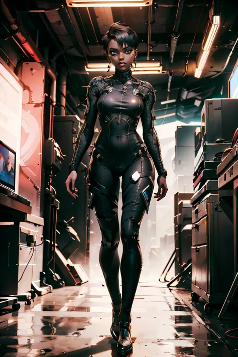 CyberMamanBrigitte, dark skin, make up, short hair, jewellery, wearing a black bodysuit, looking at viewer, serious, full body shot, standing, inside a dark garage, computers, neon lighting, extreme detail, masterpiece, <lora:CyberMamanBrigitte:.7>