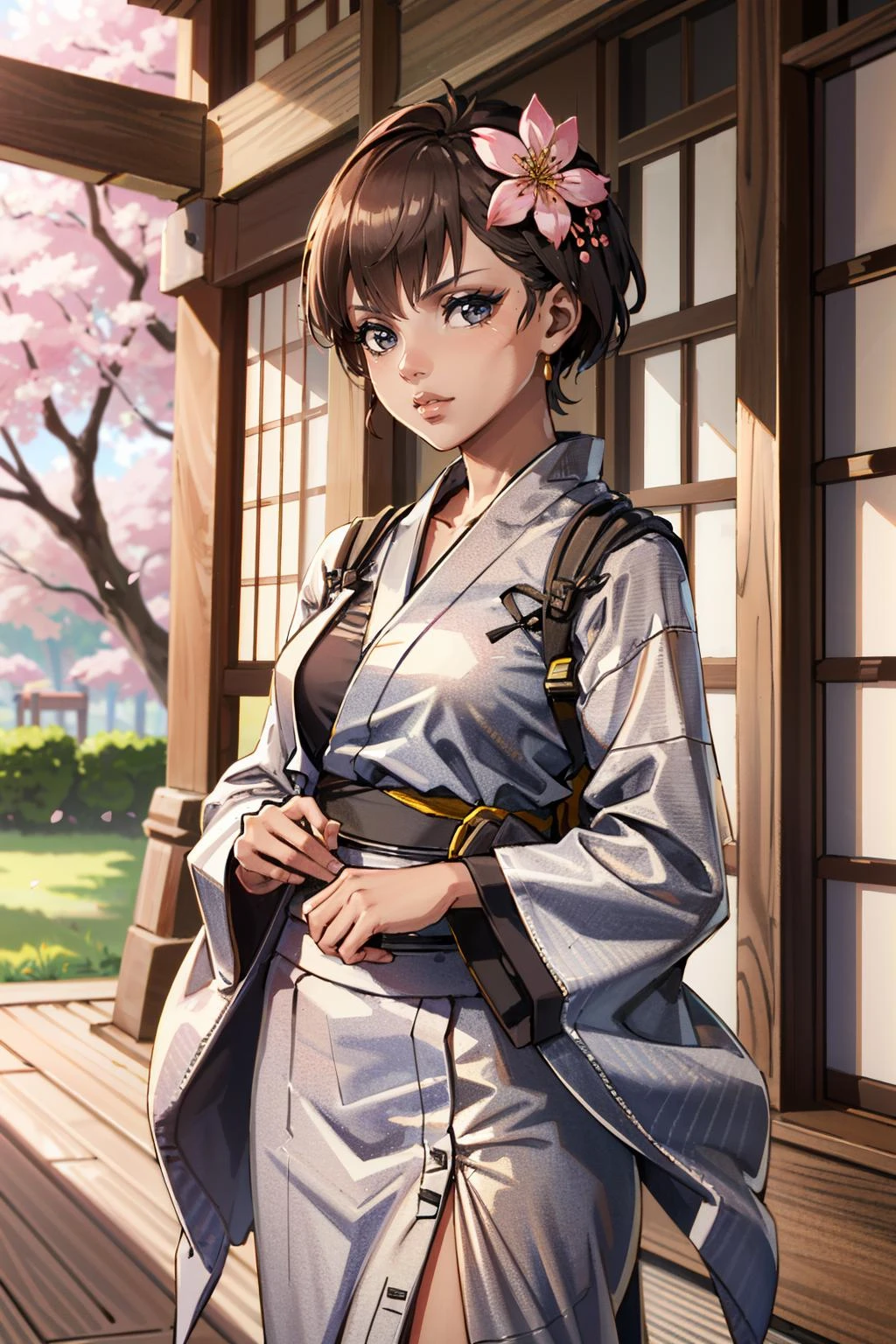 (masterpiece, best quality, highres)
<lora:CyberMamanBrigitte:0.8>
CyberMamanBrigitte, 1girl, brown hair, short hair, yukata, japan, cherry blossoms, hair ornament