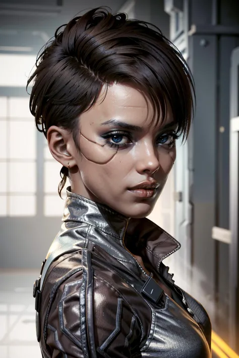 (masterpiece, best quality:1.2), <lora:yelena_fedorova-20:0.7>, yelenaDX_soul3142, 1girl, solo, looking at viewer, short hair, black hair, undercut, black eyes, dark skin, portrait, realistic,