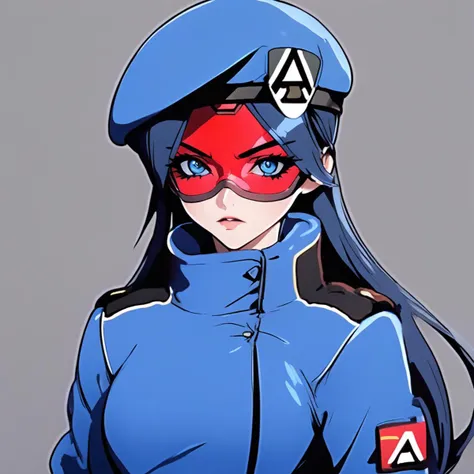 1girl, solo, femcop, long hair, beret, red goggles, jacket, upper body, face focus, source_anime