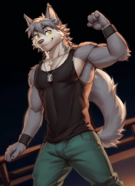 <lora:kouya-09:1>, kouya, solo, looking at viewer, smile, male focus, pants, muscular, tank top, pectorals, muscular male, wristband, tail, yellow eyes, by zackarry911, by zaush, (by personalami:0.5), solo, male, (dynamic pose:1.3), zootopia style, (soft shading), 4k, hi res, dark theme,