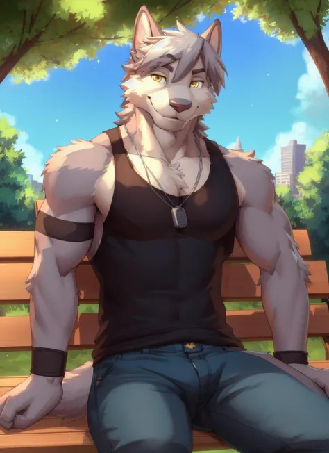 <lora:kouya-09:1>, kouya, solo, looking at viewer, smile, male focus, pants, muscular, tank top, pectorals, muscular male, wristband, tail, yellow eyes, by zackarry911, by zaush, (by personalami:0.5), solo, male, zootopia style, (soft shading), 4k, hi res, sitting in park bench, sunny day