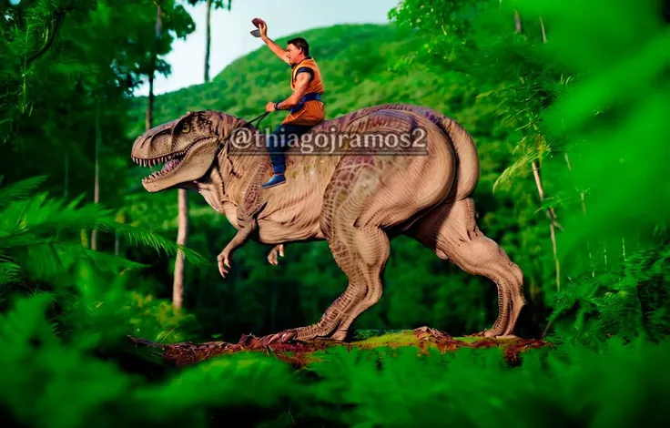 face detalied,masterpiece,best quality,photo,realistic,real,bolsonaro riding Trex_Dinosaur,therapod,jurassic,from behind,dinosaur,jurassic forest in background,on back,full body,wearing TurtleSchoolUniform,dougi,belt,orange pants,blue footwear,holding a red and white pokeball,<lora:bolsonaro_v1_sd15:1>,<lora:SonGokusOutfit:0.9>,<lora:tyrannosaur-000015:0.8>,<lora:pokeball:0.85>,