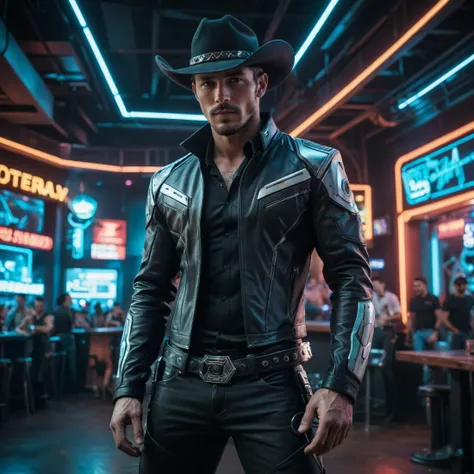 a futuristic cowboy stands for a picture,scifi,cyberpunk nightclub in the background,cowboy hat,night,cinematic lighting,sharp focus,nude,hairy body,male focus,exuding homoerotic energy,absurdres,insanely detailed,hyper realistic,<lora:add-detail-xl:0.9>,<lora:xpenis-v2.13:0.8>,