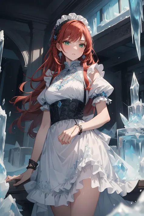 (masterpiece:1.3), (best quality:1.3), (intricate details:1.4), (highly detailed:1.1), (detailed background:1.3), (scifi:1.3), 1girl, red hair, green eyes, long hair, ice, ice maid dress, ice apron, maid hairband, indoors, ice mansion, <lora:Ice-Fashion-V1:1.0>