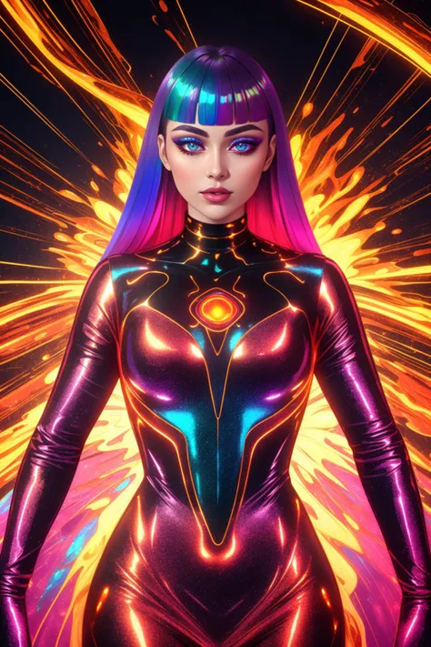 Molten, Lava, <lora:Molten-Fashion-V1:1>, Petite woman, her every feature bathed in the ethereal glow of a holo color scheme, captivating and mesmerizing, bodycon dress adorned with shimmering, shifting, and iridescent hues, reflecting light in a dazzling display, Holographic gems delicately reflecting a rainbow of colors, slender choker adding a touch of elegance, Sleek waves of hair, shimmering with lustrous hues matching the holo color scheme, holographic makeup adorning her eyes and lips, holo-infused ambiance, floating orbs illuminating the space in iridescent glory, magnetic presence exuding grace, confidence, and a unique allure that captures all attention.