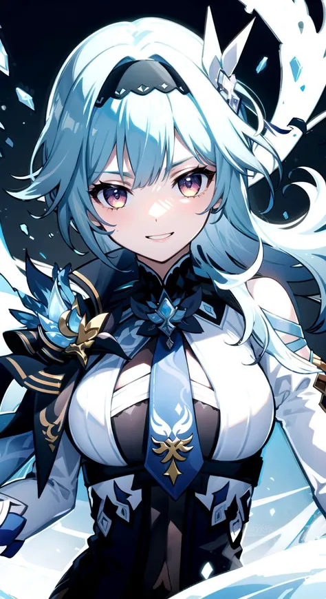 masterpiece, best quality, ultra-detailed, extremely detailed,illustration, ice, snow, cryokinesis, 1girl, eula \(genshin impact\), hairband, necktie, vision \(genshin impact\), leotard, long sleeves, gloves, shoulder cape, multicolored eyes, large breasts, looking at viewer, smile, wind, floating hair, light particles, blue sky, upper body, <lora:eula:0.8> <lora:Ice-Fashion-V1:1>