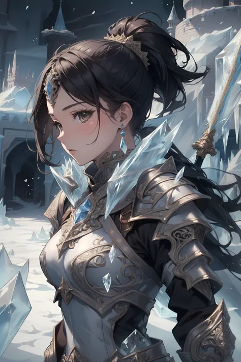 (masterpiece:1.3), (best quality:1.3), (intricate details:1.4), (highly detailed:1.1), (detailed background:1.3), (fantasy:1.3), 1girl, knight, black hair, brown eyes, ponytail, (ice:1.3), (ice armor:1.2), circlet, sword, shield, see-through, outdoors, castle town, <lora:Ice-Fashion-V1:1.3>