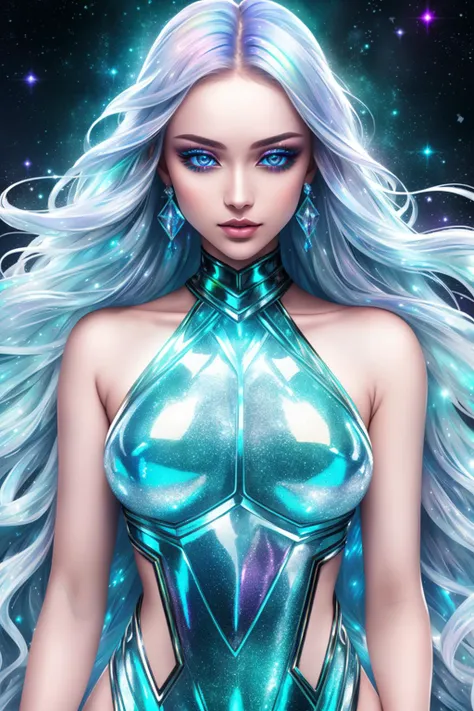 ice, <lora:Ice-Fashion-V1:1>, Petite woman, her every feature bathed in the ethereal glow of a holo color scheme, captivating and mesmerizing, bodycon dress adorned with shimmering, shifting, and iridescent hues, reflecting light in a dazzling display, Holographic gems delicately reflecting a rainbow of colors, slender choker adding a touch of elegance, Sleek waves of hair, shimmering with lustrous hues matching the holo color scheme, holographic makeup adorning her eyes and lips, holo-infused ambiance, floating orbs illuminating the space in iridescent glory, magnetic presence exuding grace, confidence, and a unique allure that captures all attention.