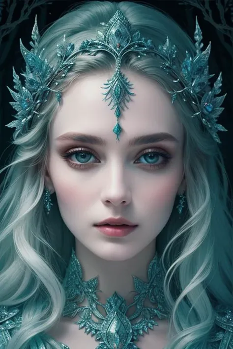 woman in a mythical forest, masterpiece, perfect face, intricate details, horror theme <lora:Ice-Fashion-V1:1> ice