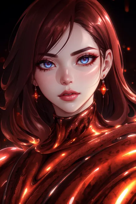 Molten, Lava, <lora:Molten-Fashion-V1:1>, (sharp focus:1.2), portrait, ((posing)), (beautiful face:1.1), detailed eyes, luscious lips, ((skindentation)), (bright studio lighting:1.2), depth of field, bokeh, 4K, HD