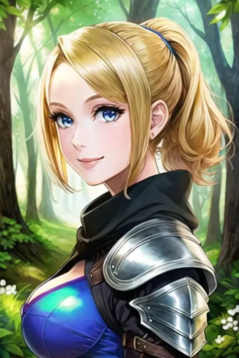 1girl, samus aran, ((highly detailed eyes)), vanillaware-32900, intricate details, round pupils, detailed pupils, modelshoot style, blonde hair, (blue eyes), ponytail, ((portrait)), ((armor)), looking at viewer, smile, short hair, soft lighting, trees, forest, samdoesart, medieval town