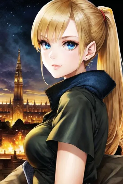 1girl, samus aran, ((highly detailed eyes)), vanillaware-32900, intricate details, round pupils, detailed pupils, modelshoot style, blonde hair, (blue eyes), ponytail, sepia