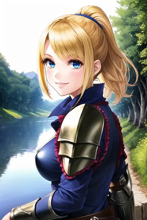 1girl, samus aran, ((highly detailed eyes)), vanillaware-32900, intricate details, round pupils, detailed pupils, modelshoot style, blonde hair, (blue eyes), ponytail, ((portrait)), ((armor)), looking at viewer, smile, short hair, soft lighting, trees, forest, samdoesart, ((medieval town))