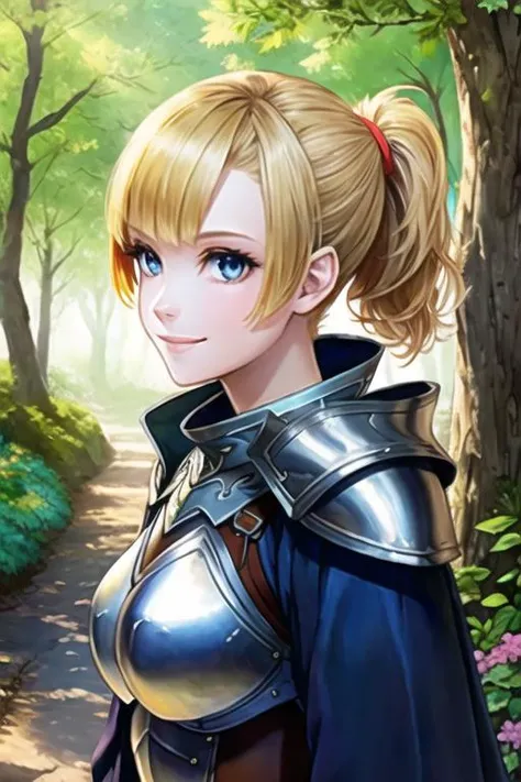 1girl, samus aran, ((highly detailed eyes)), vanillaware-32900, intricate details, round pupils,  detailed pupils, modelshoot style, blonde hair, (blue eyes), ponytail, ((portrait)), (((armor))), looking at viewer, smile, short hair, soft lighting, trees, forest, samdoesart, ((medieval town)), ((fantasy))