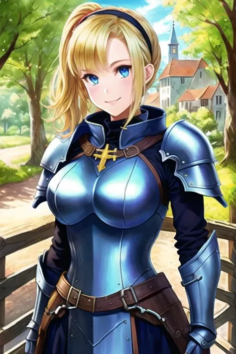 1girl, samus aran, ((highly detailed eyes)), vanillaware-32900, intricate details, round pupils, detailed pupils, modelshoot style, blonde hair, (blue eyes), ponytail, (((portrait))), (((armor))), ((looking at viewer)), smile, short hair, soft lighting, trees, forest, samdoesart, (((medieval town))), ((fantasy)), ((cartoon))