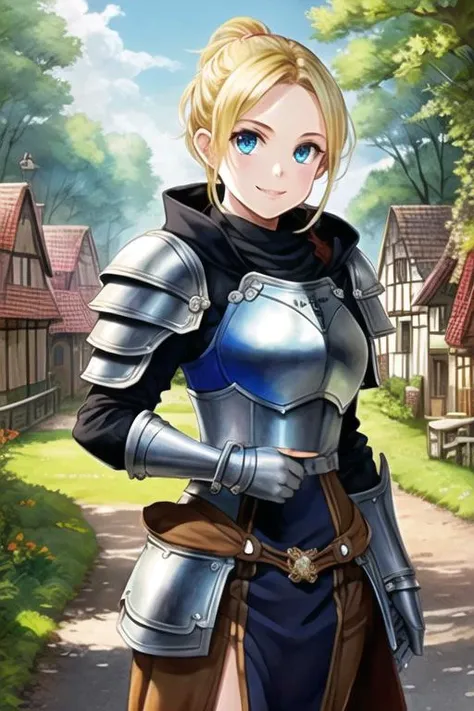 1girl, samus aran, ((highly detailed eyes)), vanillaware-32900, intricate details, round pupils, detailed pupils, modelshoot style, blonde hair, (blue eyes), ponytail, (((portrait))), (((armor))), ((looking at viewer)), smile, short hair, soft lighting, trees, forest, samdoesart, (((medieval town))), ((fantasy)), ((cartoon))