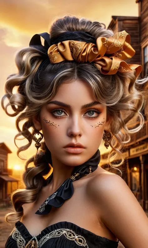 a wild west town,saloon,golden hour,(dark fantasy:1.2),intricate details,eerie,highly detailed,photorealistic,nsfw,petite female,detailed face,perfect eyes,hair scrunchie,hair ribbon,forehead,<lora:EnvyInkSwirlXL01:0.8>,swirling ink,<lora:ral-dissolve:0.65>,ral-dissolve,<lora:SDXL_macro_Sa_May:0.6>,macro world,