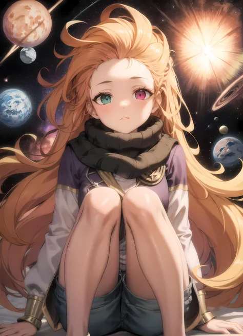 masterpiece, best quality, zoe, <lora:zoe:0.7>, floating in space with a massive galaxy, shorts, heterochromia