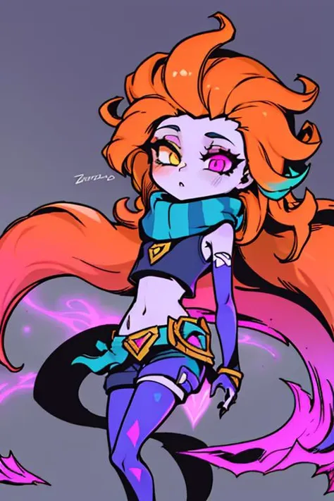 1girl, zoe \(league of legends\), heterochromia, scarf, crop top, shorts, [light orange hair|purple hair], (flat color:1.4)