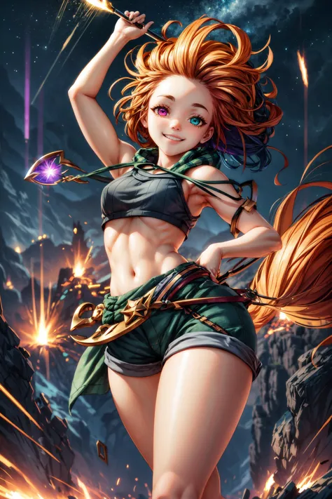 1girl,zoe,(heterochromia:1.3),(long hair),multicolored hair,(messy hair),orange hair,green hair tips,croptop,short pants,small body,thicc,thick thighs,curvy,small breasts,magic hair,smile,smiling,happy face,happy expression,flying, floating,night,darkness,star,(starry night),(from behind),(dynamic pose),masterpiece,extremely detailed CG unity 8k wallpaper, best quality,32k,focus sharp, <lora:Zoe:1>, <lora:add_detail:1>,