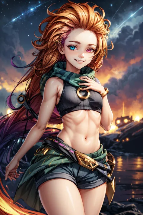 1girl,zoe,(heterochromia:1.3),(long hair),multicolored hair,(messy hair),orange hair,green hair tips,croptop,short pants,small body,thicc,thick thighs,curvy,small breasts,,smile,smiling,(smug:1.2),(teasing smile),seductive expression,(smirk),(half closed eyes),night,darkness,star,(starry night),(portrait:1.3),hips,standing,masterpiece,extremely detailed CG unity 8k wallpaper, best quality,32k,focus sharp, <lora:Zoe:1>, <lora:add_detail:1>,