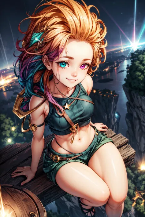 1girl,zoe,(heterochromia:1.3),(long hair),multicolored hair,(messy hair),orange hair,green hair tips,croptop,short pants,small body,thicc,thick thighs,curvy,small breasts,magic hair,smile,smiling,happy face,happy expression,night,darkness,star,(starry night),(from above:1.4),hips,(dynamic pose),crouched,sit,masterpiece,extremely detailed CG unity 8k wallpaper, best quality,32k,focus sharp, <lora:Zoe:1>, <lora:add_detail:1>,