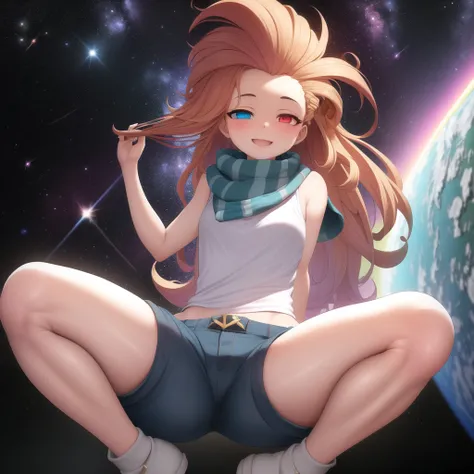 masterpiece, best quality, zoe, <lora:StableDiffusion-15:0.7>, in space with a massive galaxy, smiling, shorts, heterochromia