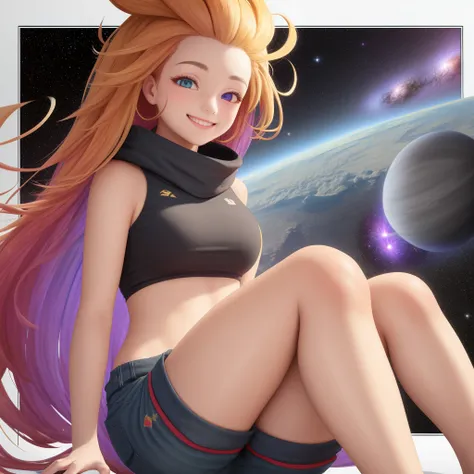 masterpiece, best quality, zoe, <lora:StableDiffusion-15:0.7>, in space with a massive galaxy, smiling, shorts, heterochromia