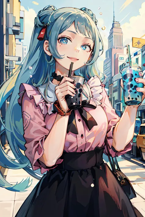 <lora:jiraikei-fashion:1> jiraikei fashion, white shirt, pink shirt, closed mouth,  <lora:hadou_nejire:0.9> bbnejire, blue eyes, blue hair, long hair, large breasts, holding cup, bubble tea, smiling,, ultra detailed, masterpiece, best quality, aesthetic, detailed,
