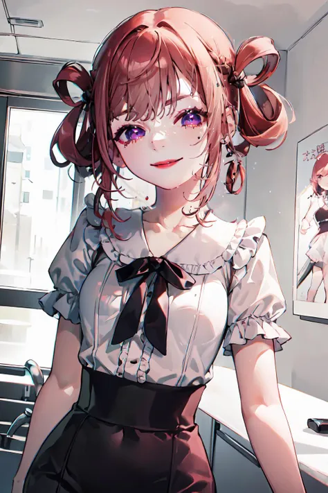 <lora:jiraikei-fashion:0.9> jiraikei fashion, white shirt, pink shirt,, ultra detailed, masterpiece, best quality, aesthetic, detailed,, solo, seductive smile, red lips,
1girl, purple eyes, red hair, blunt bangs, medium breasts, <lora:hair_rings:1> low hair rings, <lora:EllaNyan:1>,