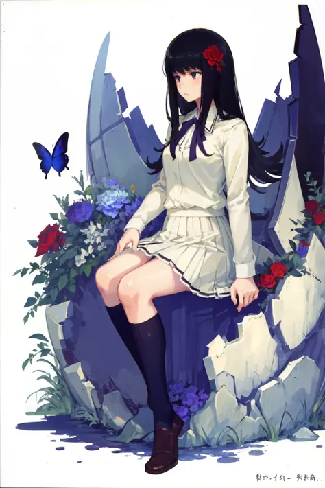 touko, 1girl, solo, flower, skirt, school uniform, rose, butterfly, bug, red flower, kneehighs<lora:toukov2:1>