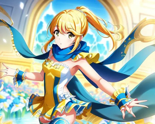 aruru_otsuki\(starlight\), aruru_otsuki\(starlight\)token12, wrist_cuffs, 1girl, long_hair, blonde_hair, solo, yellow_eyes, blurry, jewelry, cape, frills, thighhighs, blue_scarf, masterpiece, high_quality,Extremely Delicate Pixiv 8K-Illustration, Best Quality, Hyper Detailed, Intricate Details, Sun Dogs Effect, Depth Of Field,, (extremely detailed skin), (extremely detailed eyes), (extremely detailed face), (extremely detailed hair), (perfect anatomy), (((5fingers))),extremely detailed CG unity 8k wallpaper,thick highlights in eyes,extremely detailed glistening iris, perfect shading, perfect overlay, perfect highlights, color tress, colorful reflected light in eyes,