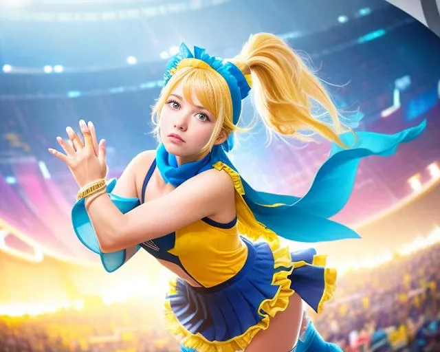 aruru_otsuki\(starlight\), aruru_otsuki\(starlight\)token12, wrist_cuffs, 1girl, long_hair, blonde_hair, solo, yellow_eyes, blurry, jewelry, cape, frills, thighhighs, blue_scarf, masterpiece, high_quality,Extremely Delicate Pixiv 8K-Illustration, Best Quality, Hyper Detailed, Intricate Details, Sun Dogs Effect, Depth Of Field,, (extremely detailed skin), (extremely detailed eyes), (extremely detailed face), (extremely detailed hair), (perfect anatomy), (((5fingers))),extremely detailed CG unity 8k wallpaper,thick highlights in eyes,extremely detailed glistening iris, perfect shading, perfect overlay, perfect highlights, color tress, colorful reflected light in eyes,