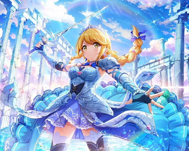 aruru_otsuki\(starlight\), aruru_otsuki\(starlight\)token5, 1girl, sparkle, fingerless_gloves, thighhighs, cloud, braid, weapon, sky, blue_sky, blonde_hair, long_hair, castle, gloves, holding_weapon, holding_sword, sword, earrings, holding, bow, dress, day, (extremely detailed skin), (extremely detailed eyes), (extremely detailed face), (extremely detailed hair), (perfect anatomy), (((5fingers))),extremely detailed CG unity 8k wallpaper,thick highlights in eyes,extremely detailed glistening iris, roses texture eyes, perfect shading, perfect overlay, perfect highlights, color tress, colorful reflected light in eyes,, photo of a iom girl, masterpiece, high_quality,Extremely Delicate Pixiv 8K-Illustration, Best Quality, Hyper Detailed, Intricate Details, Sun Dogs Effect, Depth Of Field,