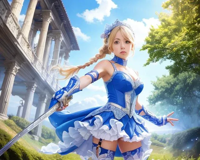aruru_otsuki\(starlight\), aruru_otsuki\(starlight\)token15, 1girl, sparkle, fingerless_gloves, thighhighs, cloud, braid, weapon, sky, blue_sky, blonde_hair, long_hair, castle, gloves, holding_weapon, holding_sword, sword, earrings, holding, bow, dress, day, masterpiece, high_quality,Extremely Delicate Pixiv 8K-Illustration, Best Quality, Hyper Detailed, Intricate Details, Sun Dogs Effect, Depth Of Field,, (extremely detailed skin), (extremely detailed eyes), (extremely detailed face), (extremely detailed hair), (perfect anatomy), extremely detailed CG unity 8k wallpaper,thick highlights in eyes,extremely detailed glistening iris, perfect shading, perfect overlay, perfect highlights, color tress, colorful reflected light in eyes,