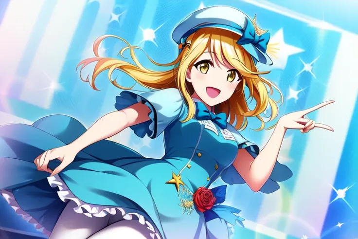 aruru_otsuki\(starlight\), aruru_otsuki\(starlight\)token16, sparkle, sparkle_background, 1girl, outstretched_hand, hat, argyle_background, solo, long_hair, bow, pantyhose, outstretched_arm, smile, blonde_hair, argyle, blue_dress, open_mouth, diffraction_spikes, dress, lens_flare, blue_background, bowtie, glint, plaid_background, :d, frills, yellow_eyes, sparkling_eyes, stage_lights, hat_bow, blue_headwear, magic_circle, photo of a iom girl, masterpiece, high_quality,Extremely Delicate Pixiv 8K-Illustration, Best Quality, Hyper Detailed, Intricate Details, Sun Dogs Effect, Depth Of Field,, (extremely detailed skin), (extremely detailed eyes), (extremely detailed face), (extremely detailed hair), (perfect anatomy), (((5fingers))),extremely detailed CG unity 8k wallpaper,thick highlights in eyes,extremely detailed glistening iris, roses texture eyes, perfect shading, perfect overlay, perfect highlights, color tress, colorful reflected light in eyes,