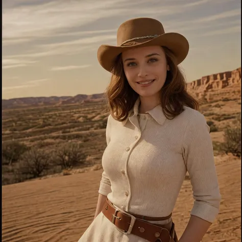 analog film photo solo, realistic, gstyle, ((european woman)), (((long brunette hair)), (((Confident, Eyes that meet the viewer directly, a slight smile, and a relaxed posture.:1.2))), (((white cowgirl outfit, brown cowgirl hat, boots, white floral shirt, brown long skirt, leather belt, gun, revolver, gun holster))), ((Wild West Desert, mesa, rocks, cactus)), ((dynamic pose)), skin, high detailed, 8k, clear facial features, <lora:PAseer-SD15-LCM Quick:1> <lora:ReaLora:.2> <lora:[IE]_-_Dominique_McElligott:1> dominiquemce <lora:GStyle_-_Photography_Style:.4>  . faded film, desaturated, 35mm photo, grainy, vignette, vintage, Kodachrome, Lomography, stained, highly detailed, found footage